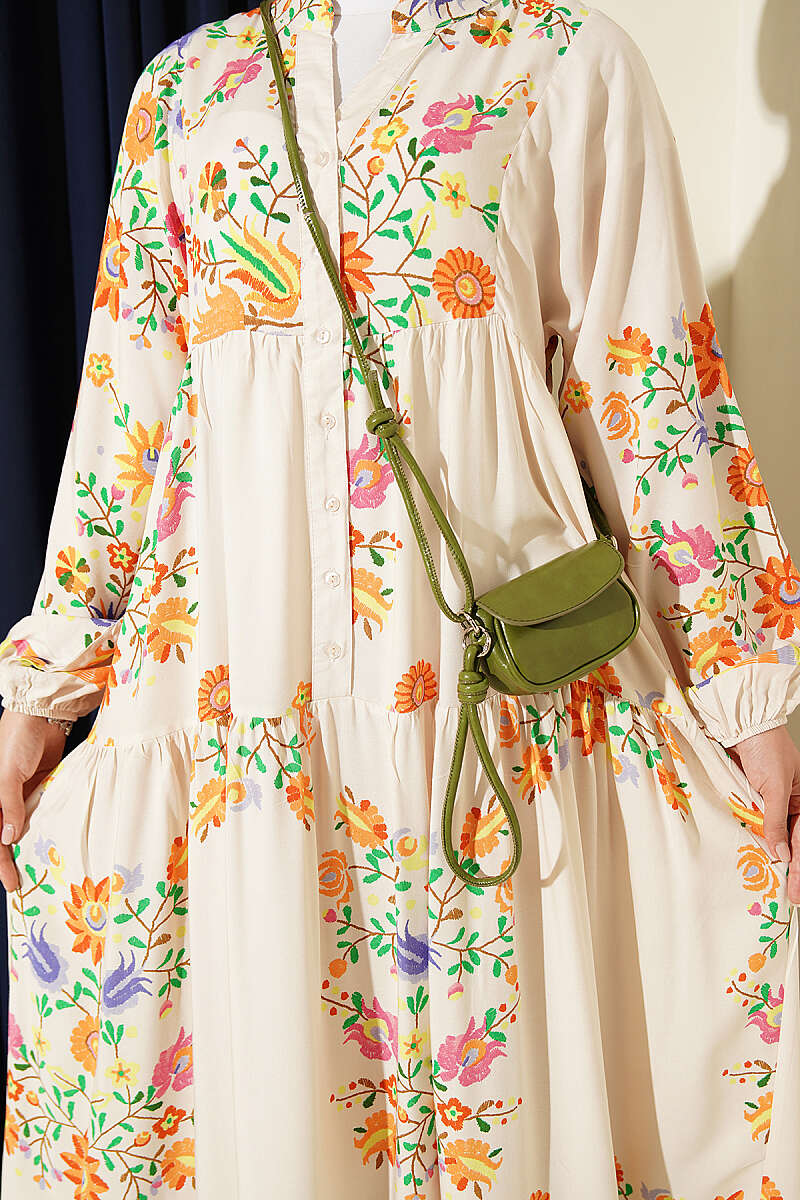 Ethnic Pattern Half-Button Dress Beige - Image 4