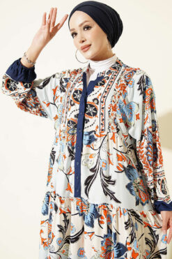 Alternative view of Ethnic Pattern Half-Button Dress Navy Blue