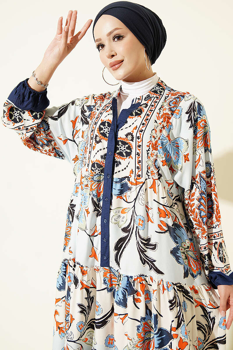 Ethnic Pattern Half-Button Dress Navy Blue – Bild 2