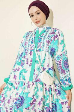 Alternative view of Ethnic Pattern Half-Button Dress Green