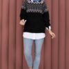 Oversized Knit Sweater with Ethnic Pattern Black