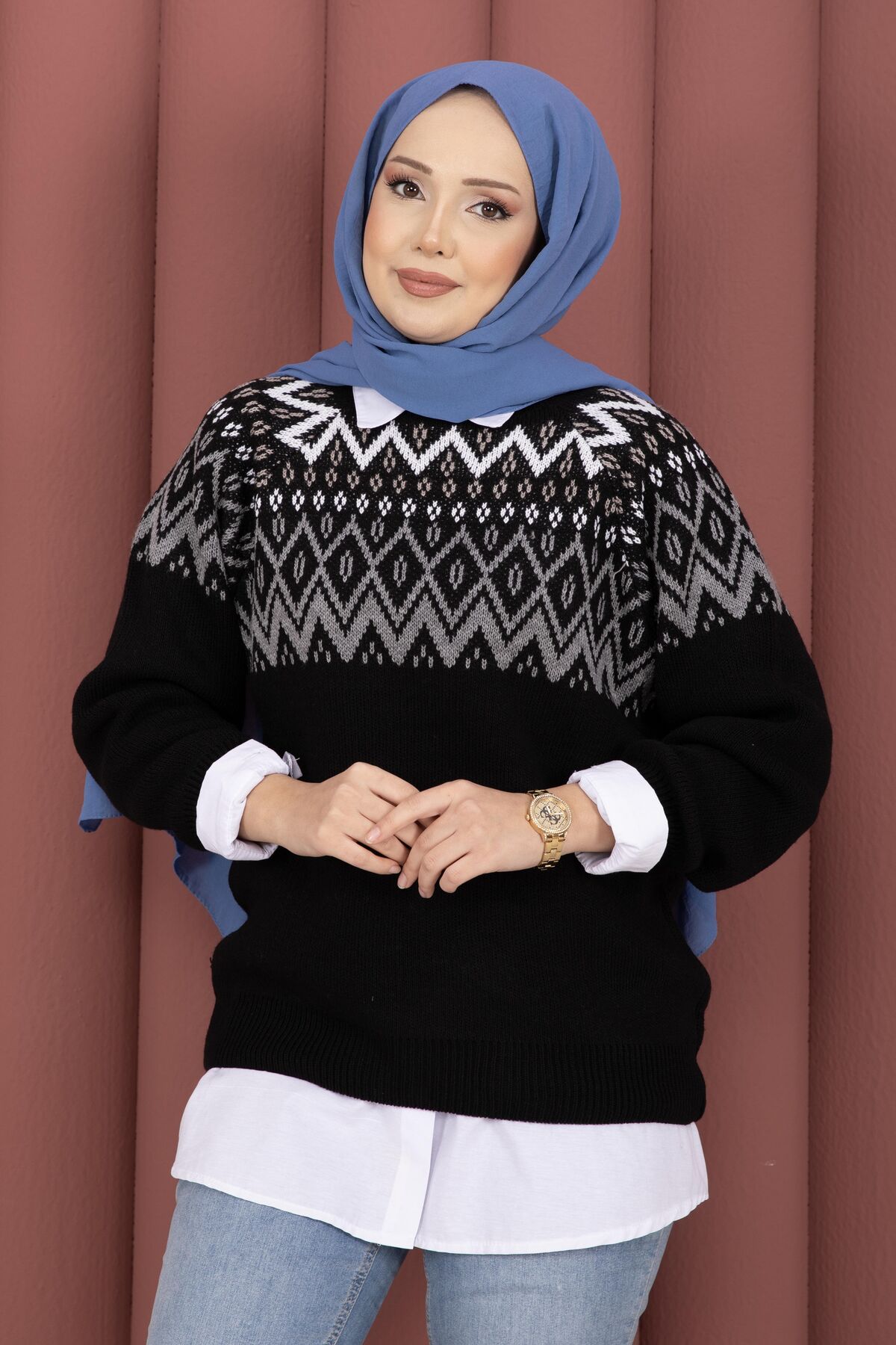 Oversized Knit Sweater with Ethnic Pattern Black - Afbeelding 2