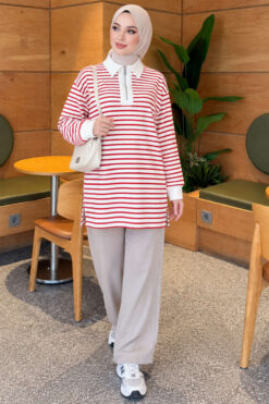 Alternative view of Zip-Detail Striped Tunic Red