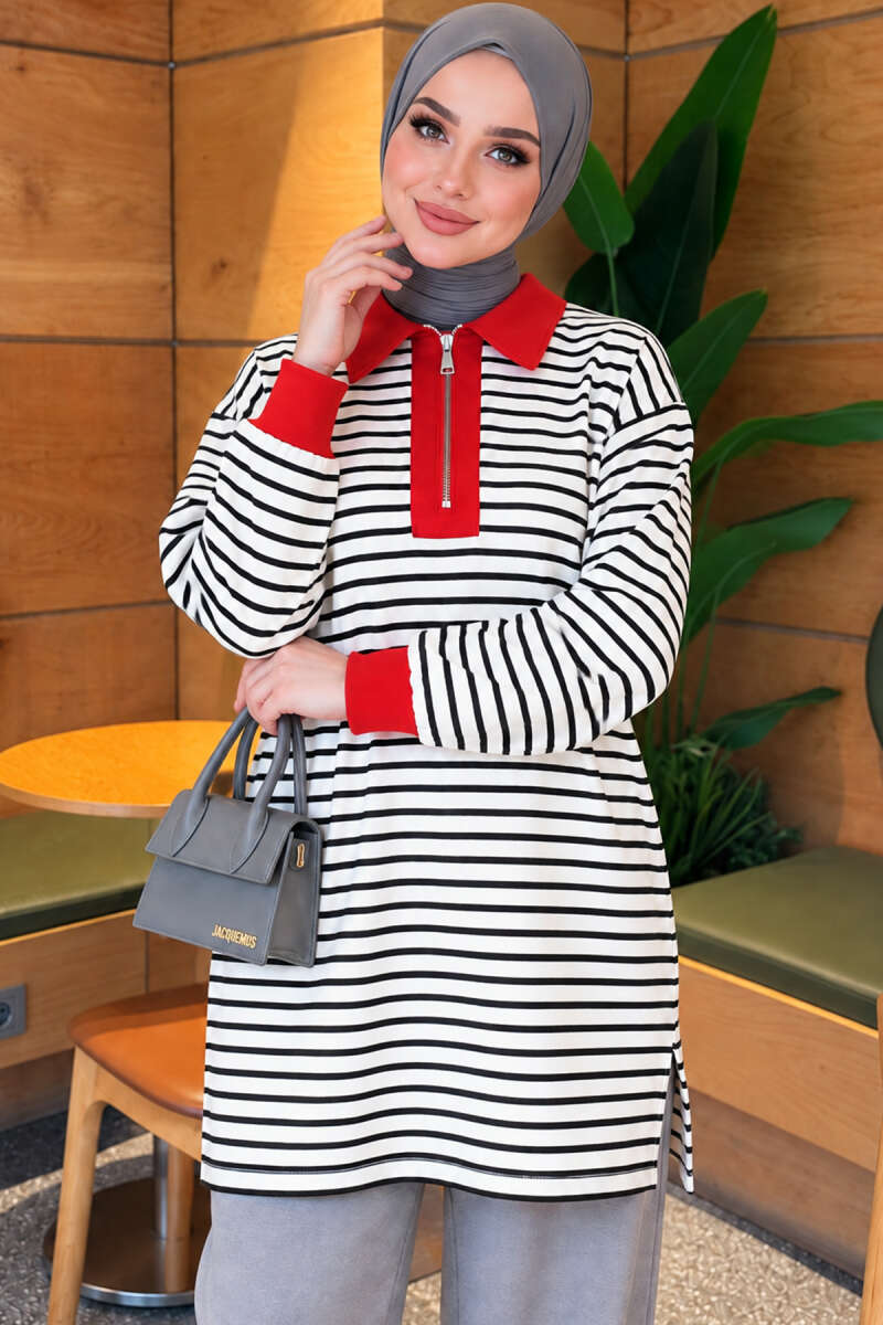 Zip-Detail Striped Tunic Black