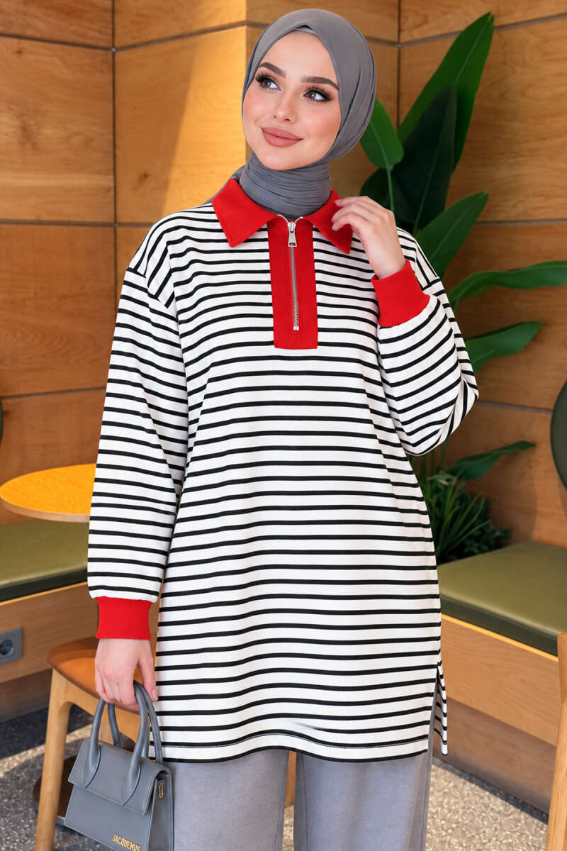 Zip-Detail Striped Tunic Black - immagine 3