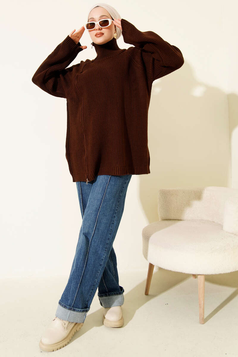 Zipper Detail Knit Tunic Brown - Imagen 2