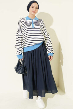 Alternative view of Zipper Neck Striped Knit Tunic Blue