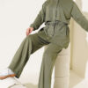 Zip-up Waistband Ribbed Turtleneck Two-Piece Set Khaki