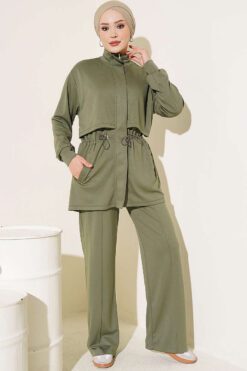 Alternative view of Zip-up Waistband Ribbed Turtleneck Two-Piece Set Khaki