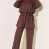Zip-up Waistband Ribbed Turtleneck Two-Piece Set Brown
