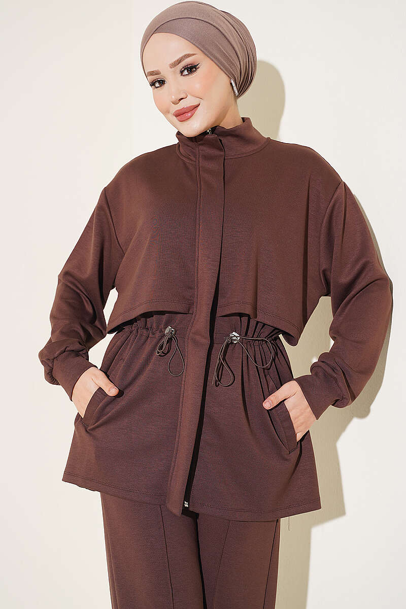 Zip-up Waistband Ribbed Turtleneck Two-Piece Set Brown – Bild 2