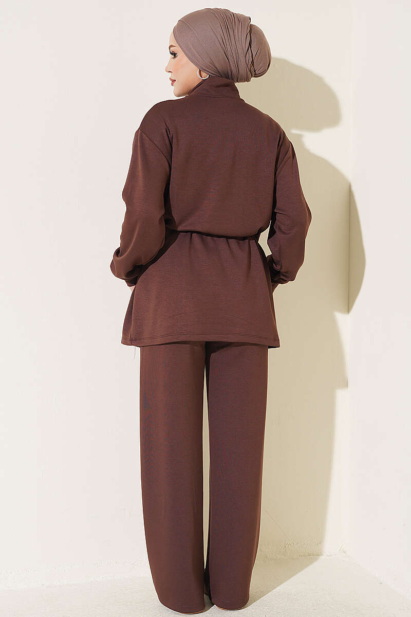 Zip-up Waistband Ribbed Turtleneck Two-Piece Set Brown – Bild 3