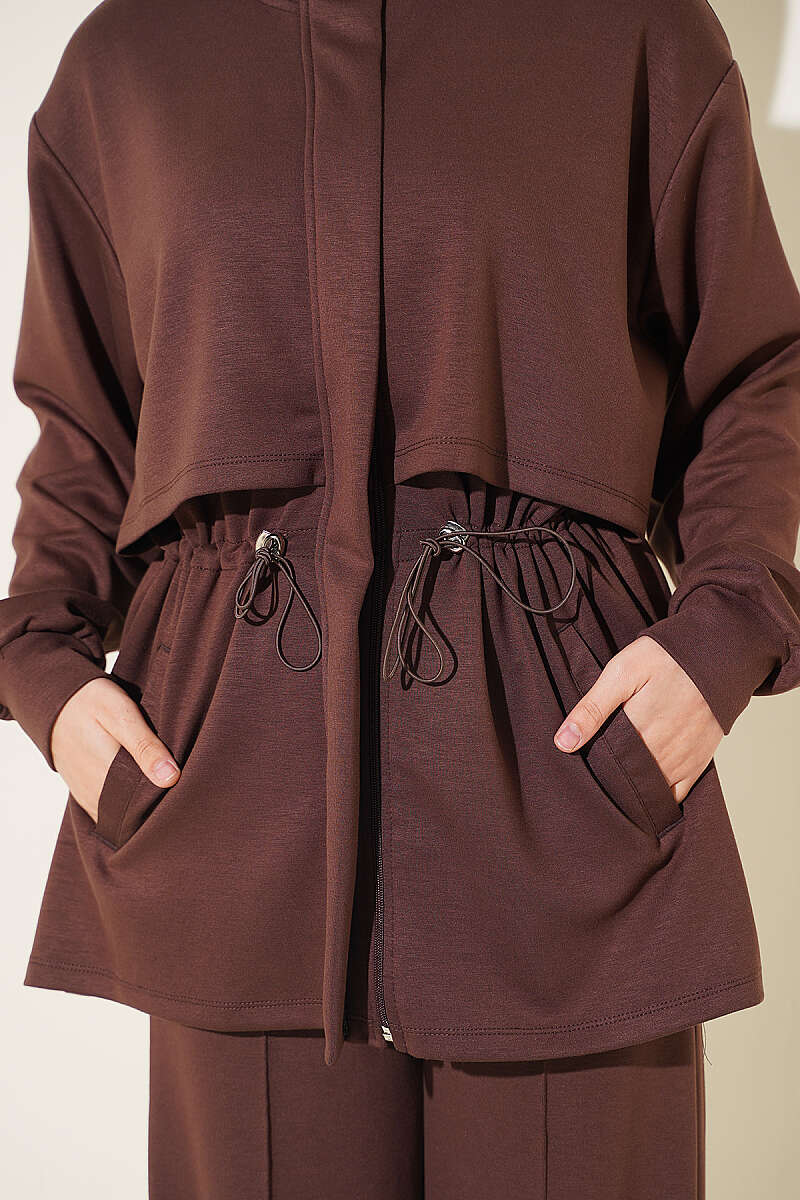 Zip-up Waistband Ribbed Turtleneck Two-Piece Set Brown – Bild 4