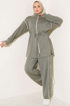 Zip-up Waist Tapered Hem Set with Piping Hazel