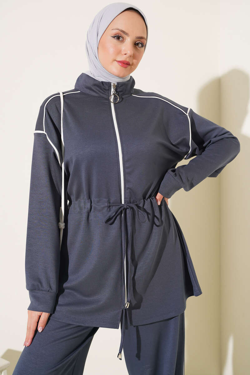 Zip-up Waist Tapered Hem Set with Piping Smoke - الصورة 2
