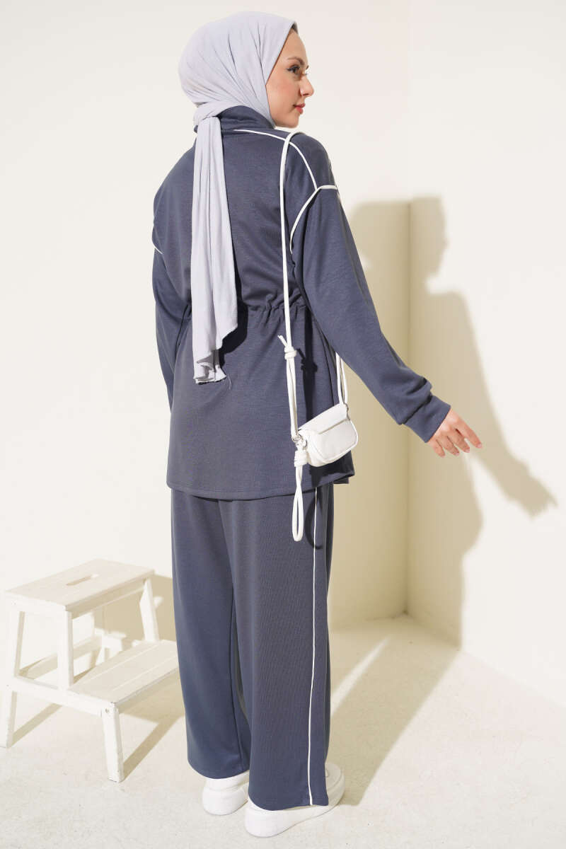 Zip-up Waist Tapered Hem Set with Piping Smoke - الصورة 3
