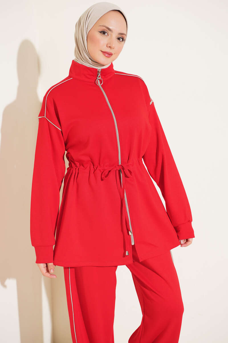Zip-up Waist Tapered Hem Set with Piping Red - Image 2