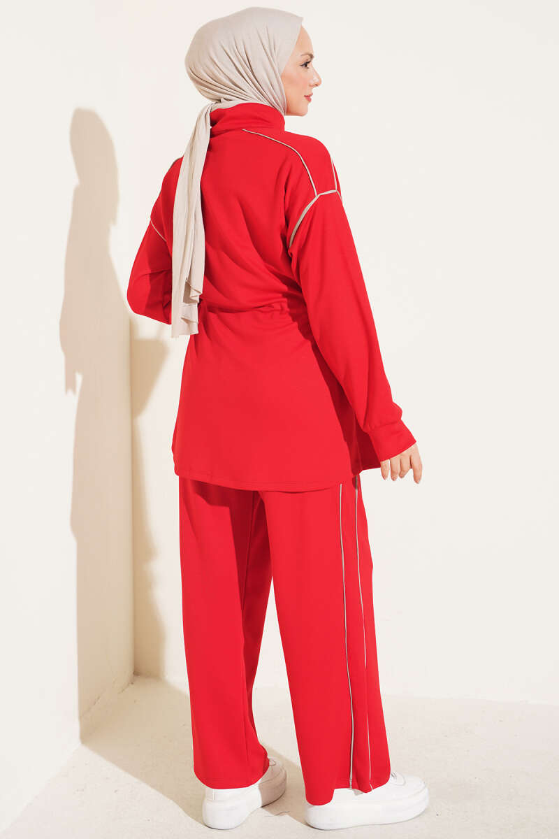 Zip-up Waist Tapered Hem Set with Piping Red - Image 3