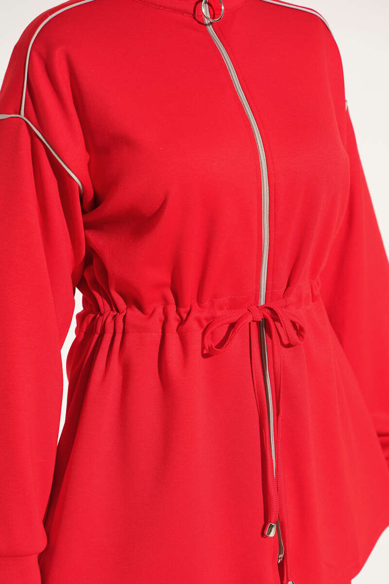 Zip-up Waist Tapered Hem Set with Piping Red - Image 4