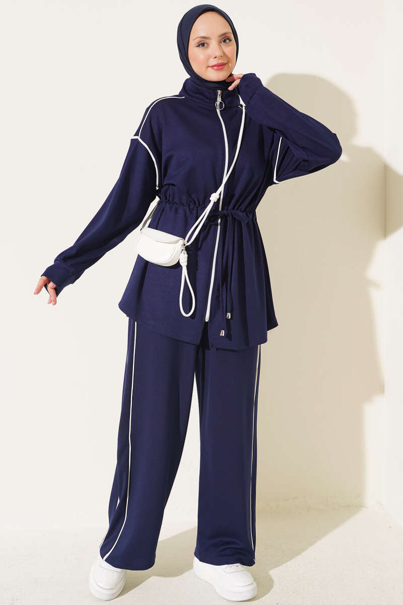 Zip-up Waist Tapered Hem Set with Piping Navy Blue