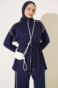 Alternative view of Zip-up Waist Tapered Hem Set with Piping Navy Blue