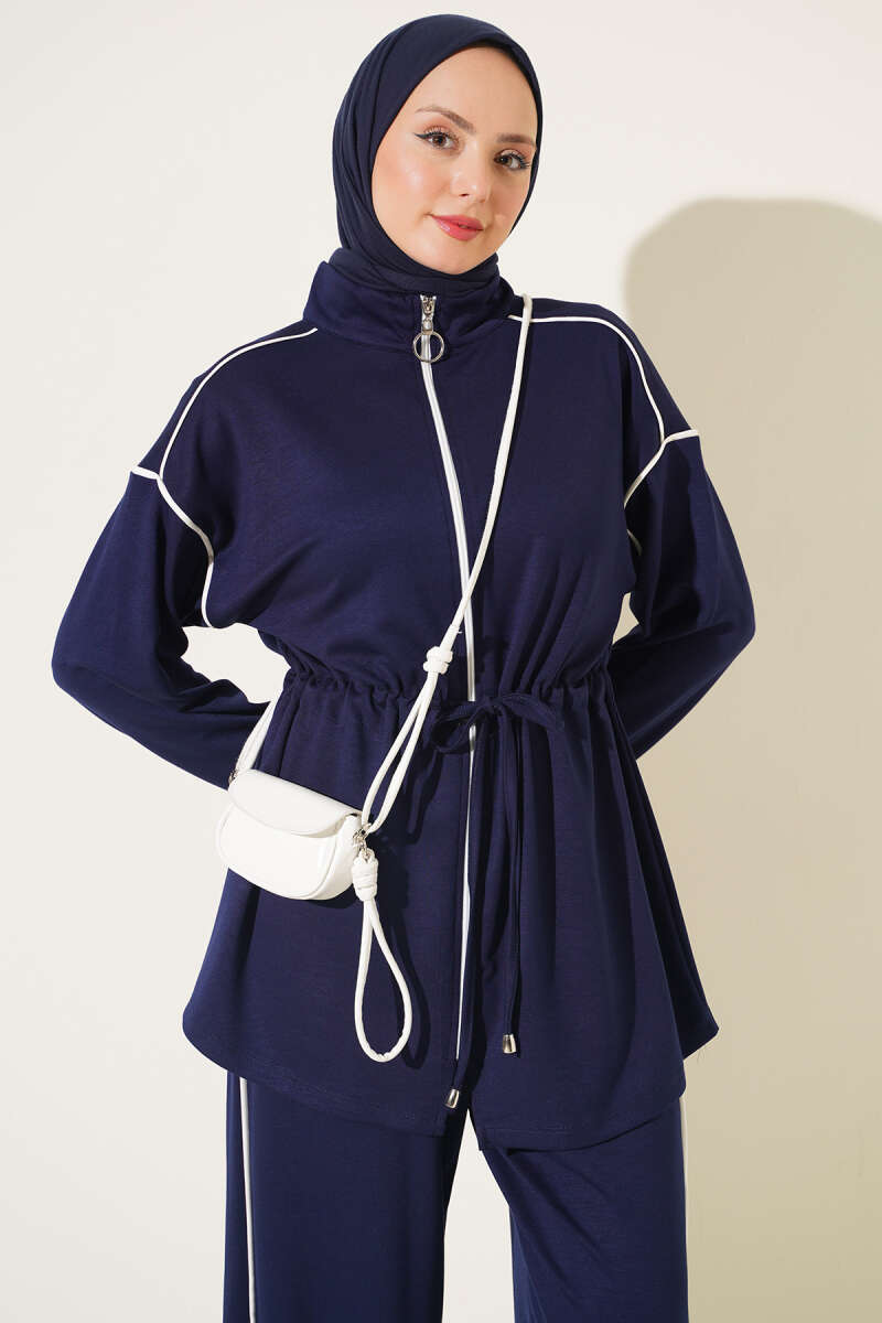 Zip-up Waist Tapered Hem Set with Piping Navy Blue – Bild 2