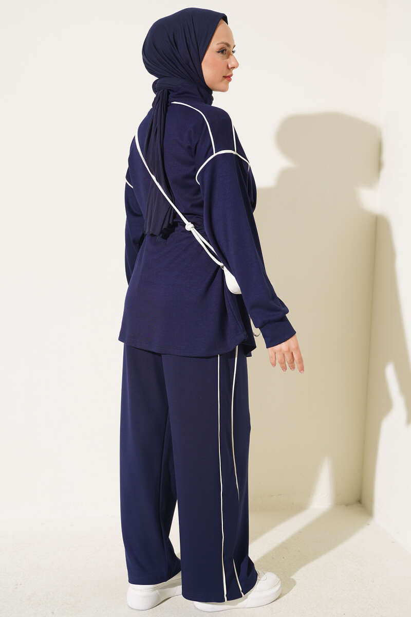 Zip-up Waist Tapered Hem Set with Piping Navy Blue – Bild 3