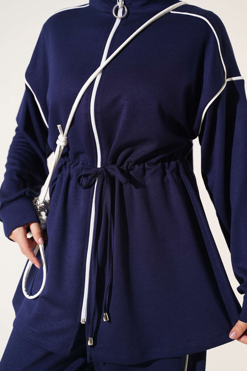 Zip-up Waist Tapered Hem Set with Piping Navy Blue – Bild 4