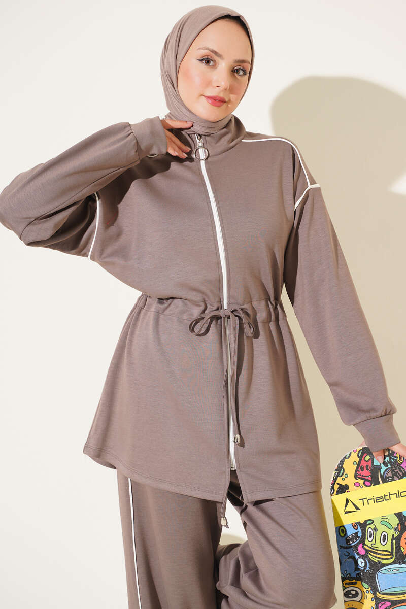 Zip-up Waist Tapered Hem Set with Piping Mink - الصورة 2