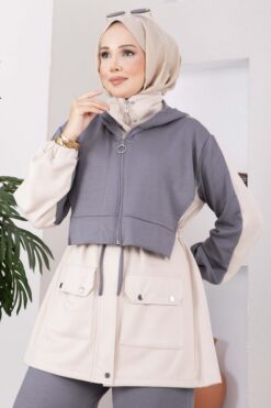 Alternative view of Zip-up Hooded French Terry Two-Piece Set Grey