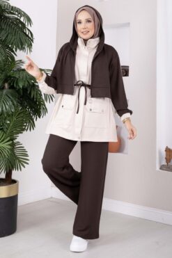 Alternative view of Zip-up Hooded French Terry Two-Piece Set Brown