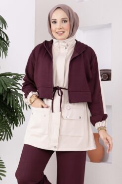 Alternative view of Zip-up Hooded French Terry Two-Piece Set Plum