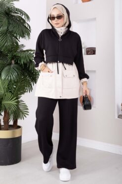 Zip-up Hooded French Terry Two-Piece Set Black