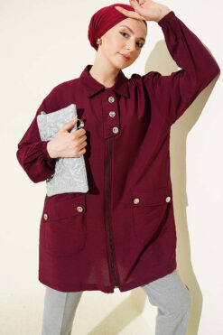 Zip-up Shirt Collar Coat Burgundy