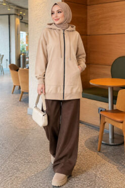 Alternative view of Zip-up Hoodie with Kangaroo Pocket Beige