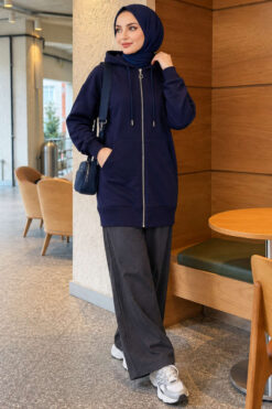 Alternative view of Zip-up Hoodie with Kangaroo Pocket Navy Blue