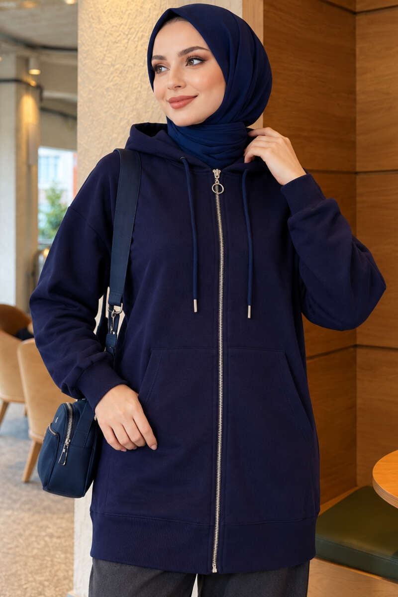 Zip-up Hoodie with Kangaroo Pocket Navy Blue – Bild 3