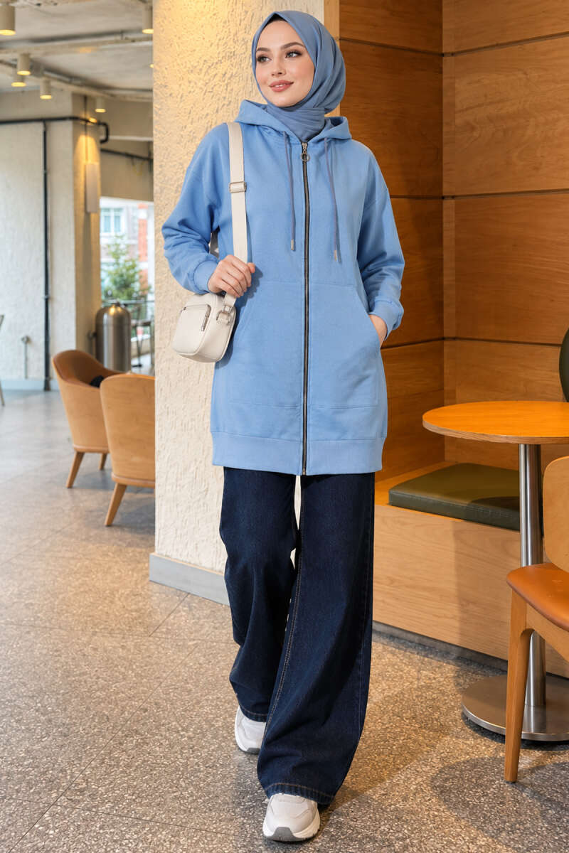 Zip-up Hoodie with Kangaroo Pocket Blue - Imagen 2