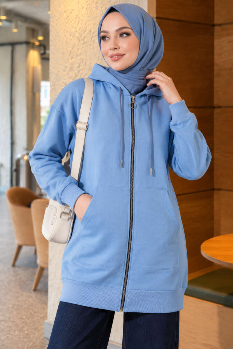 Zip-up Hoodie with Kangaroo Pocket Blue - Imagen 3