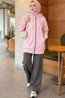 Alternative view of Zip-up Hoodie with Kangaroo Pocket Pink