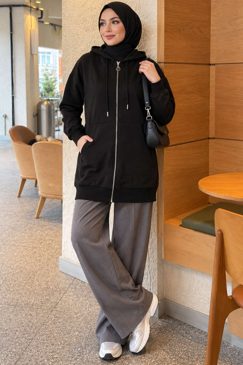 Zip-up Hoodie with Kangaroo Pocket Black - immagine 2