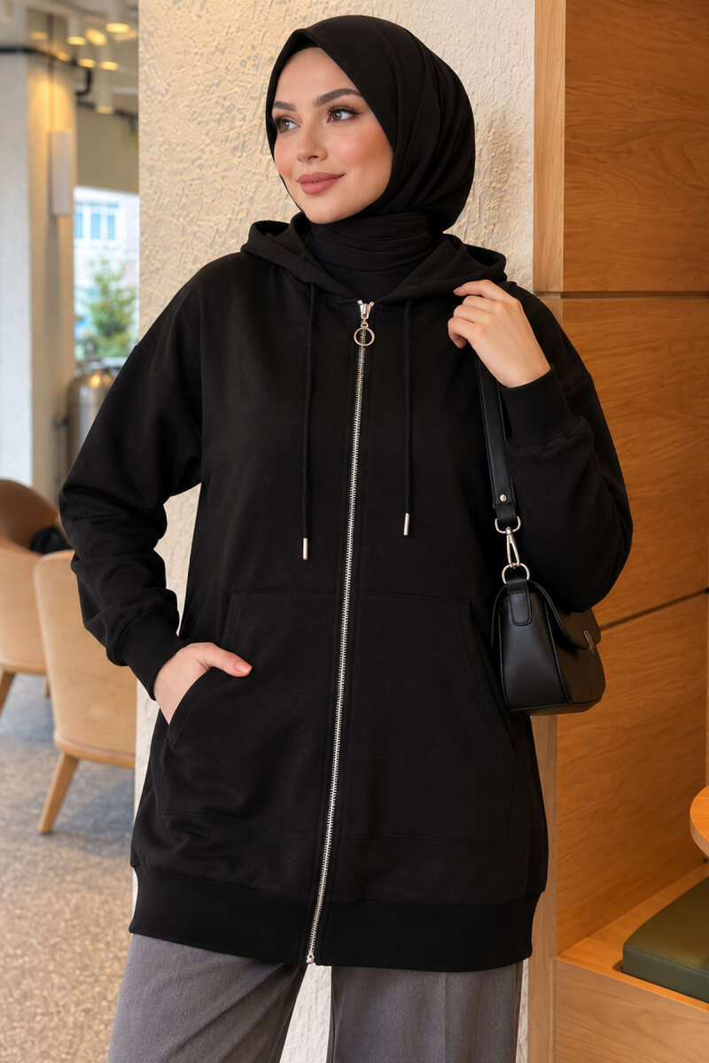 Zip-up Hoodie with Kangaroo Pocket Black - immagine 3