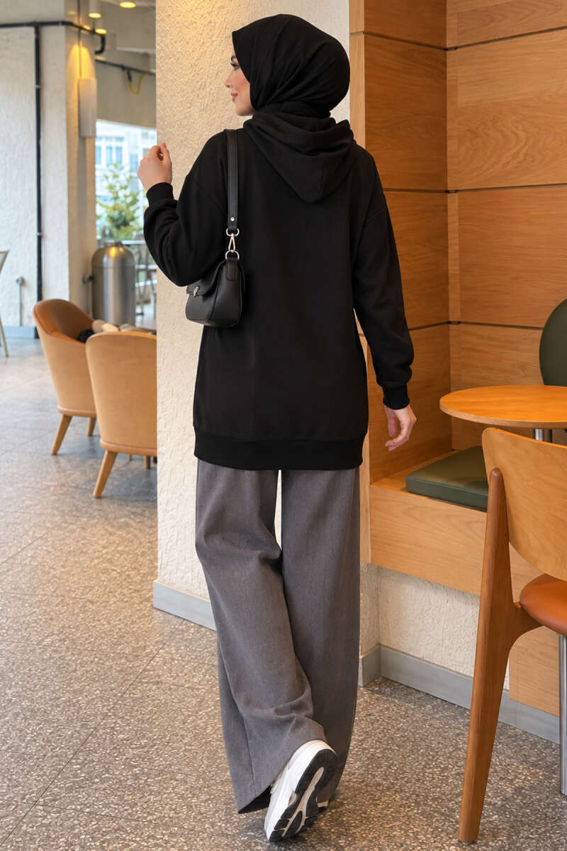 Zip-up Hoodie with Kangaroo Pocket Black - immagine 4