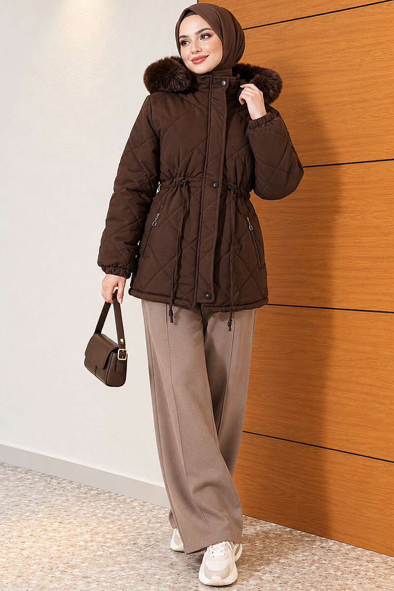 Fur-Trimmed Jacket with Elasticized Cuffs Dark Brown – Bild 2