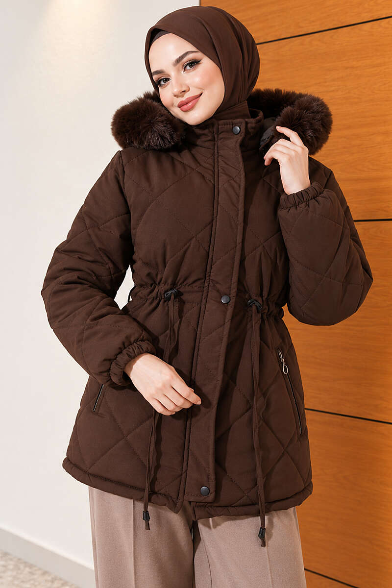 Fur-Trimmed Jacket with Elasticized Cuffs Dark Brown – Bild 3