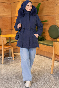 Alternative view of Fur-Trimmed Jacket with Elasticized Cuffs Navy Blue