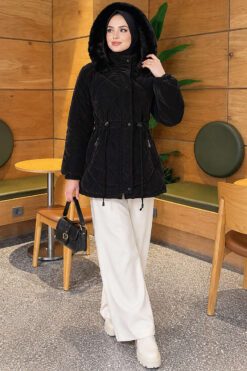 Alternative view of Fur-Trimmed Jacket with Elasticized Cuffs Black