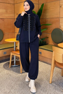 Zip-up Modal Loyşa Two-Piece Set Navy Blue