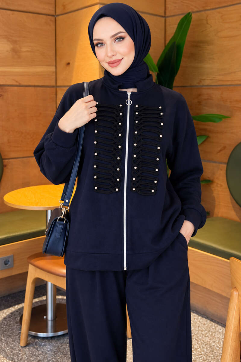 Zip-up Modal Loyşa Two-Piece Set Navy Blue - Image 2