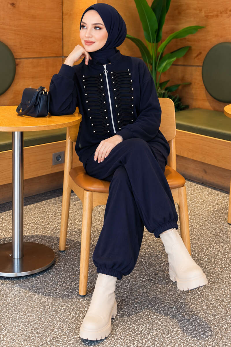 Zip-up Modal Loyşa Two-Piece Set Navy Blue - Image 3